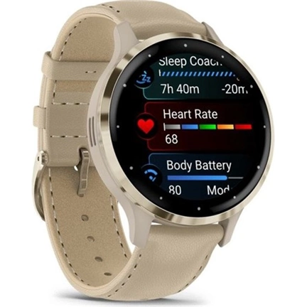 Garmin Venu 3S okosóra - krémarany rozsdamentes acélkeret, francia szürke tok és bőrszíj Garmin Venu 3S okosóra - krémarany rozsdamentes acélkeret, francia szürke tok és bőrszíj