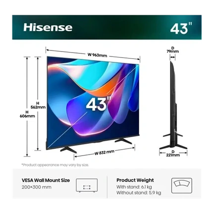 Hisense 43A6S 4K UHD Smart LED TV 43"/108cm, 3840x2160, 3xHDMI/2xUSB/RJ45/Wifi