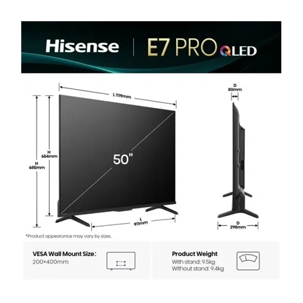 Hisense 50E7QPRO 50" E7Q PRO Hi-QLED 144Hz 4K Smart TV, 3840x2160, 3xHDMI/2xUSB/LAN/WIFI