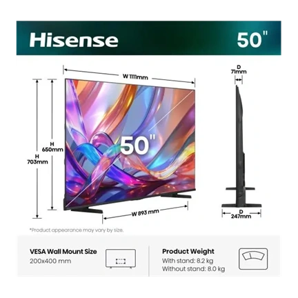 Hisense 50E7S 4K UHD Smart Hi-QLED TV 50"/126cm, 3840x2160, 4xHDMI/2xUSB/RJ45/Wifi