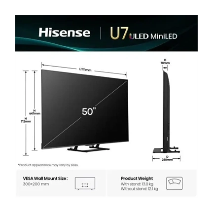 Hisense 50" U7Q televízió 4K 144Hz ULED MiniLED Smart TV, Vidaa OS