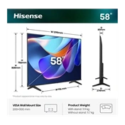 Hisense 58A6S 58"/146cm 4K UHD Smart LED TV, 3840x2160, 3xHDMI/2xUSB/1xRJ45/Wifi