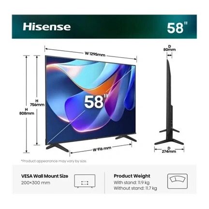 Hisense 58A6S 58"/146cm 4K UHD Smart LED TV, 3840x2160, 3xHDMI/2xUSB/1xRJ45/Wifi