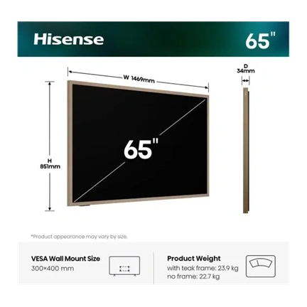 Hisense 65S7S 65"/164cm 4K 144Hz Smart Hi-QLED Canvas TV, 3840x2160, 4xHDMI/2xUSB/RJ45/Wifi