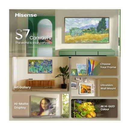 Hisense 65S7S 65"/164cm 4K 144Hz Smart Hi-QLED Canvas TV, 3840x2160, 4xHDMI/2xUSB/RJ45/Wifi