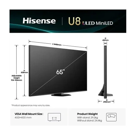 Hisense 65" U8Q televízió 4K 165Hz ULED MiniLED Smart TV, Vidaa OS