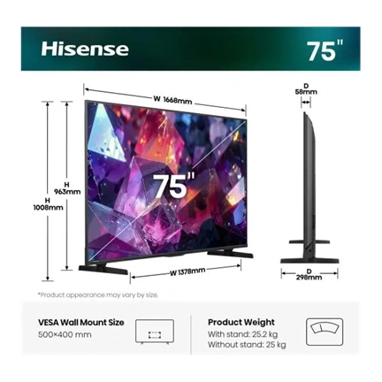 Hisense 75E7S PRO 75"/189cm 4K UHD 144Hz Smart Hi-QLED TV, 3840x2160, 4xHDMI/2xUSB/RJ45/WIFI