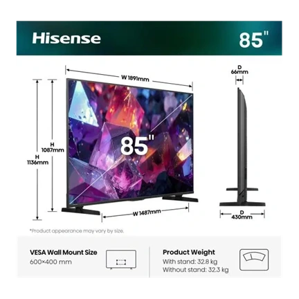 Hisense 85E7S PRO 85"/215cm 4K UHD 144Hz Smart Hi-QLED TV, 3840x2160, 4xHDMI/2xUSB/RJ45/WIFI