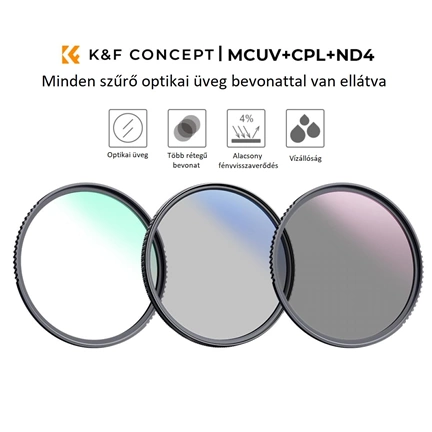 K&F Concept Professzionális szűrő szett + szűrőtartó tok (UV+CPL+ND4) 49mm