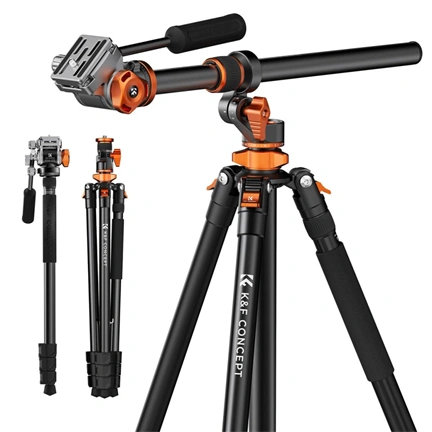 K&F Concept T254A7 + FH-03 videó állvány + monopod, elforgatható középoszloppal, fekete-narancssárga