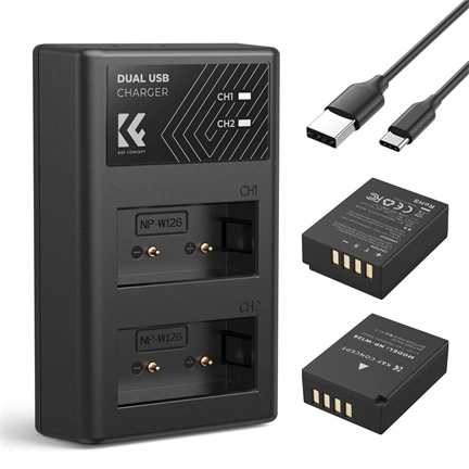 K&F Concept hordozható dupla USB-C akkumulátor BC-W126 töltő + 2db NP-W126 akkumulátor 1300mAh K&F Concept hordozható dupla USB-C akkumulátor BC-W126 töltő + 2db NP-W126 akkumulátor 1300mAh