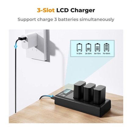 K&F Concept hordozható tripla USB-C akkumulátor BC-TRW töltő, LCD + 3db FW50 akkumulátor 1100mAh