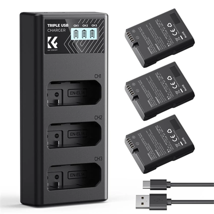 K&F Concept hordozható tripla USB-C akkumulátor MH-24 töltő, LCD + 3db EN-EL14 akkumulátor 1050mAh