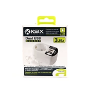 KSIX Fali töltő 2xUSB port+konnektor; 3A - fehér