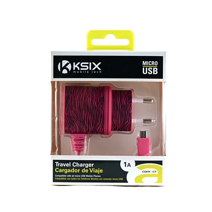 KSIX Fali töltő micro USB-vel; 1A - Pink Zebra