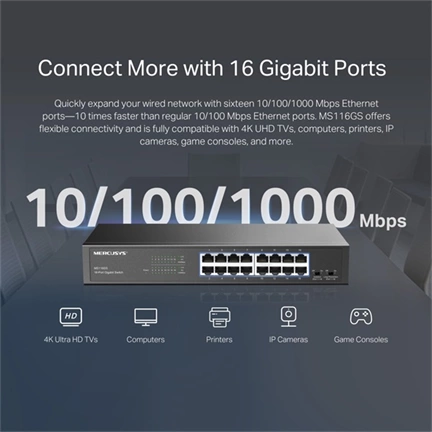 Mercusys MS116GS switch - 16db 1 gigabites port, asztali/rack, tartós fémház
