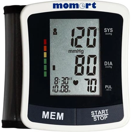 Momert 3102 csuklós vérnyomásmérő, 120 memóriahely, méréstartomány: nyomás: 0-300 mmHg, pulzus: 30-180/perc, LCD kijelző