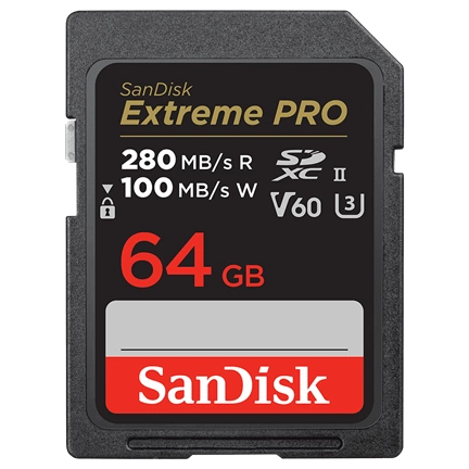 SANDISK SDXC EXTREME PRO KÁRTYA 64GB, 280/100 MB/s, UHS-II, V60,C10 64 GB