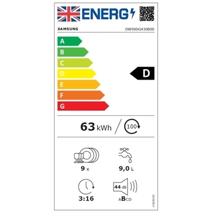Samsung DW50DG430B00LE beépíthető mosogatógép magas energiahatékonysággal, 9 terítékes
