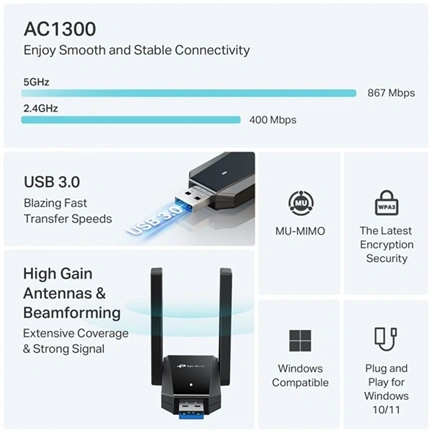 TP-Link Archer T5U Plus AX1300 két antennás, nagy nyereségű, vezeték nélküli USB adapter