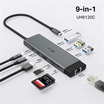 TP-Link UH9120C notebook dokkoló USB-C 100W PD, HDMI 4K@60Hz, USB-A/C 5Gbps, Gigabit Ethernet, kártyaolvasó