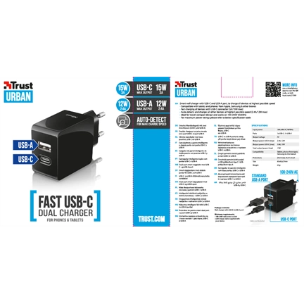 Trust 21589 Fast Dual USB-C & USB Wall Charger for phone