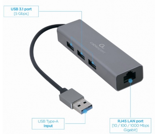 GEMBIRD USB AM Gigabit network adapter with 3-port